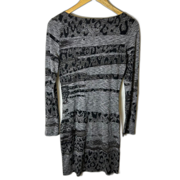 Desigual Gray Graphic Animal Pattern Ruched Side LS Short Sweater Dress Size M - Picture 10 of 14